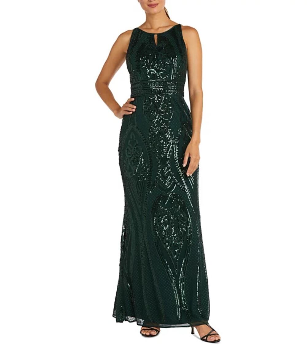 R&M Richards Green Sequined Sleeveless Keyhole Formal Evening Gown 8 NWT